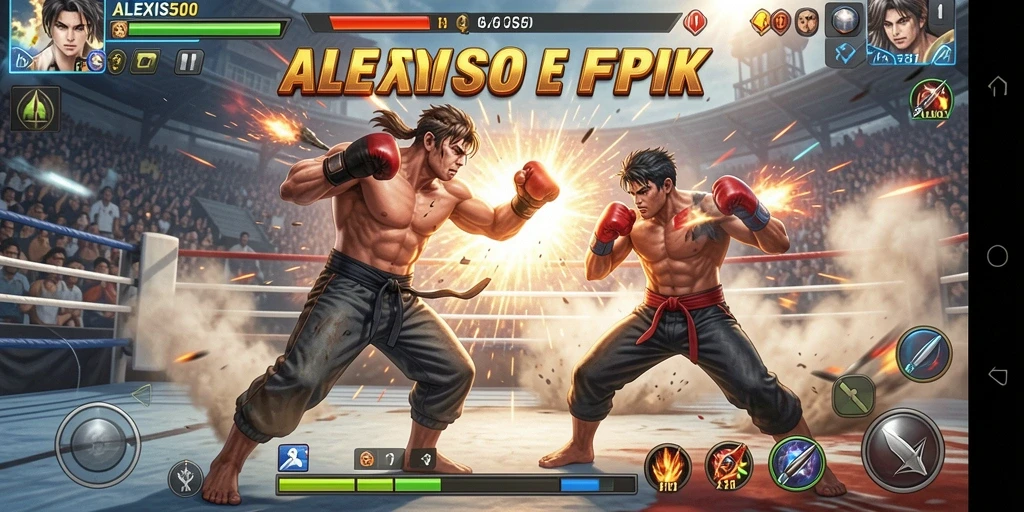 Tampilan gameplay ALEXIS500 yang epik dengan pertarungan intens.