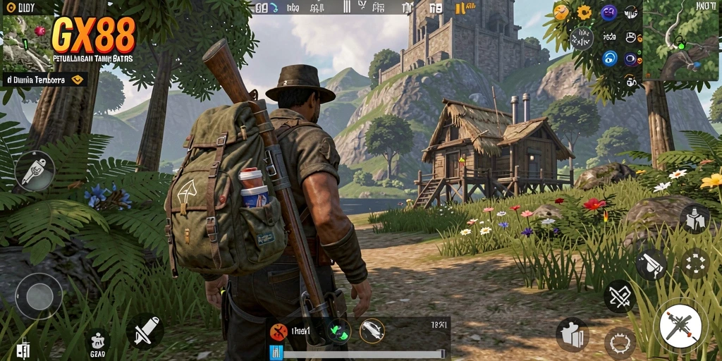 Screenshot gameplay GX88 menunjukkan eksplorasi dunia terbuka yang kaya.