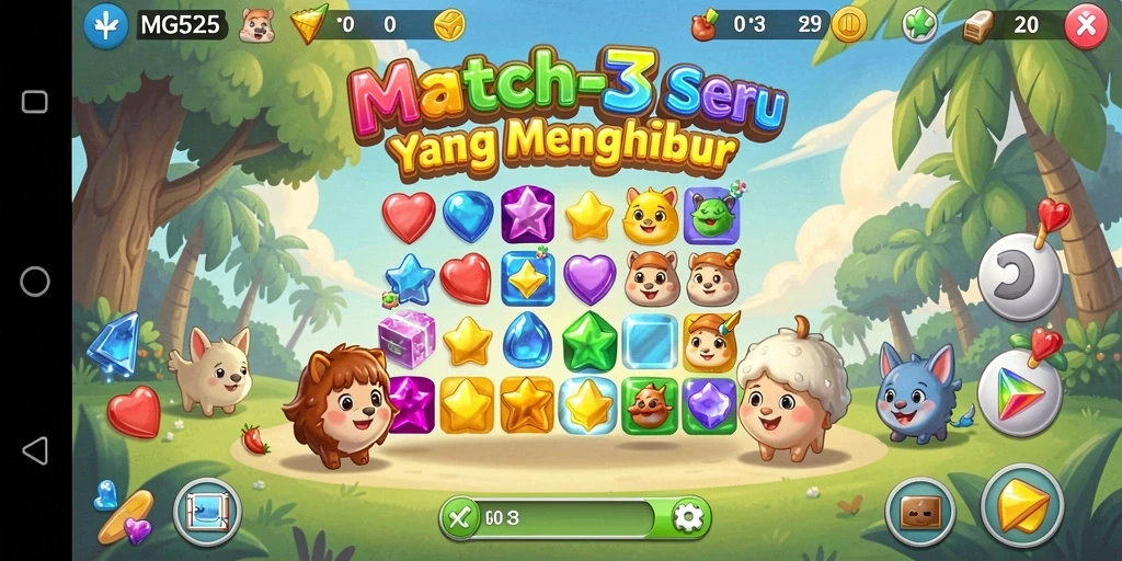 Screenshot MG525 menampilkan gameplay Match-3 yang seru dan penuh warna.