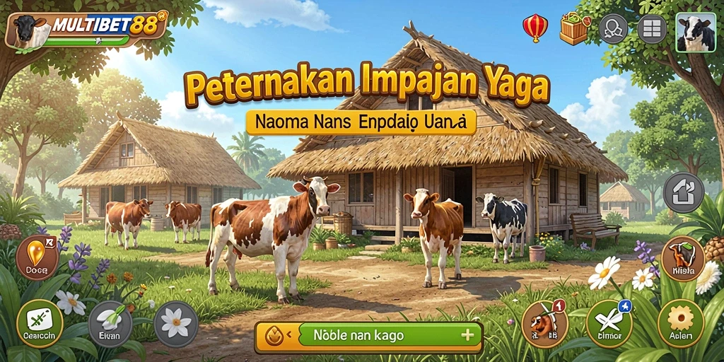 Screenshot utama MULTIBET88 menampilkan peternakan yang subur dan berbagai tanaman yang sedang tumbuh.