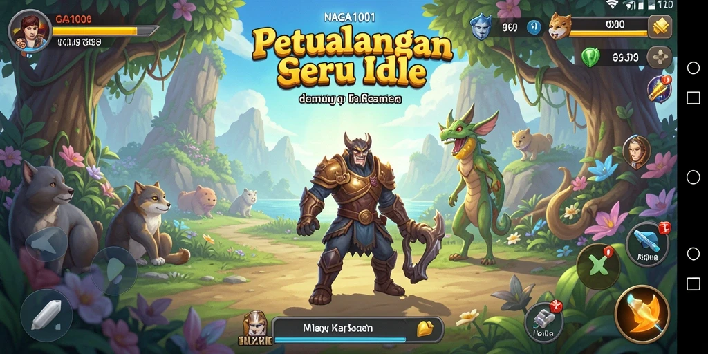 Screenshot NAGA1001 menampilkan naga yang mengumpulkan harta karun dalam gameplay Idle.