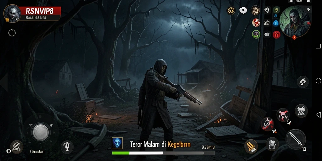 Screenshot gameplay RSNVIP8 menunjukkan suasana kegelapan yang menakutkan.