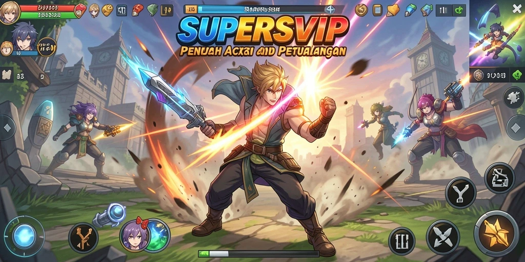 Screenshot utama gameplay SUPERSVIP menunjukkan karakter Anime yang beraksi.