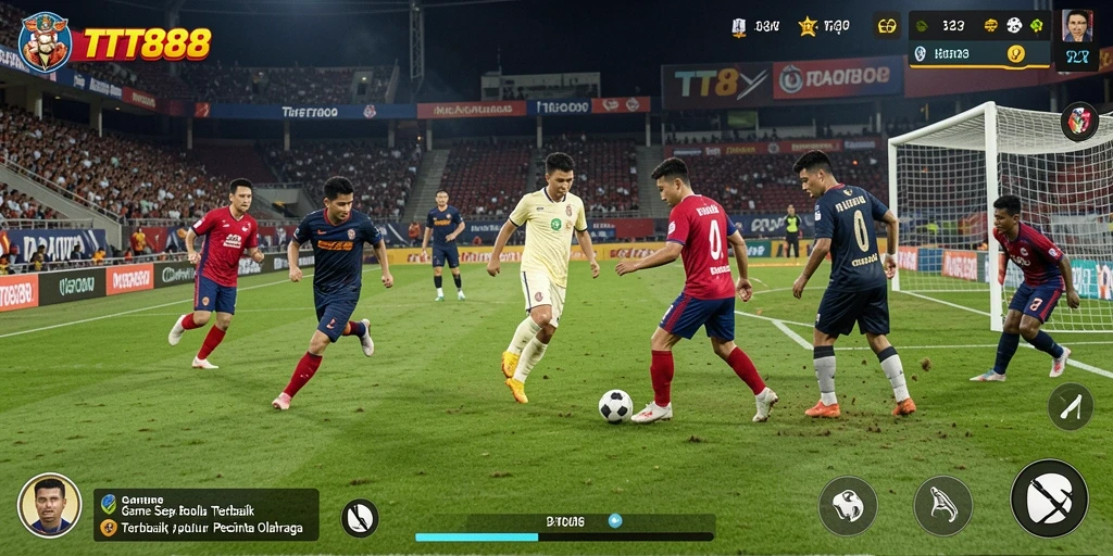 Screenshot utama TTT888 menampilkan aksi seru di lapangan sepak bola.